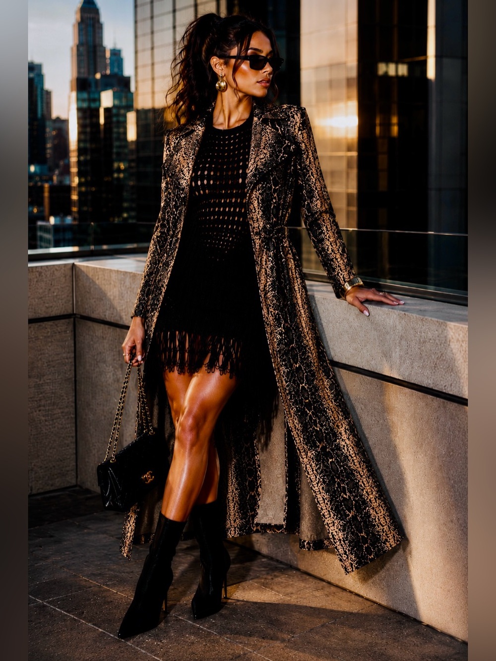 Shinestar Faux Snakeskin Animal Print Long Duster Coat Belted XL - Picture 10 of 13